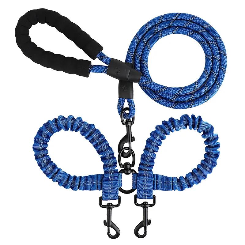 Neue Doppelkopf-Haustier-Schleppleine Eins Ziehen Zwei Nachtreflexion Anti-Verwicklung Elastisches Nylon Spaziergang Hund Leine Zubehör