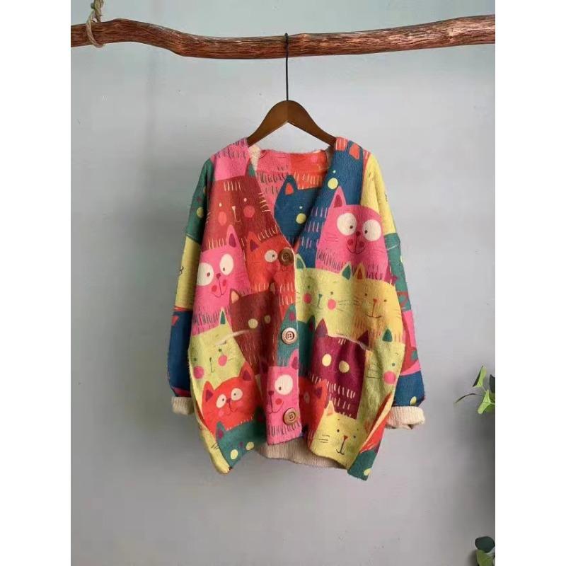 DIMANAF 2023 Neue Herbst Plus Größe Pullover Strickjacke Oversize Frauen Muster Floral Cartoon Druck Pullover Stricken Lose Pullover