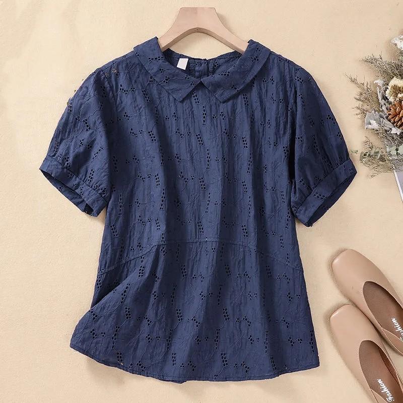 Women's Summer Literary Retro Short-sleeved T Shirt Solid Color Loose Casual Tops