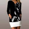Fashion Womens Prints Zipper Splicing V-Neck  Long Sleeve Comfy Casual Dress