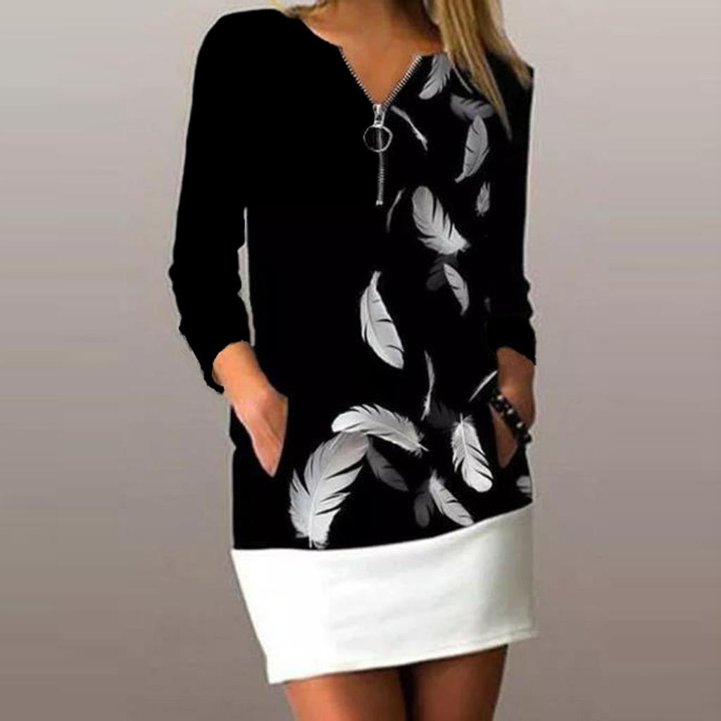 Fashion Womens Prints Zipper Splicing V-Neck  Long Sleeve Comfy Casual Dress