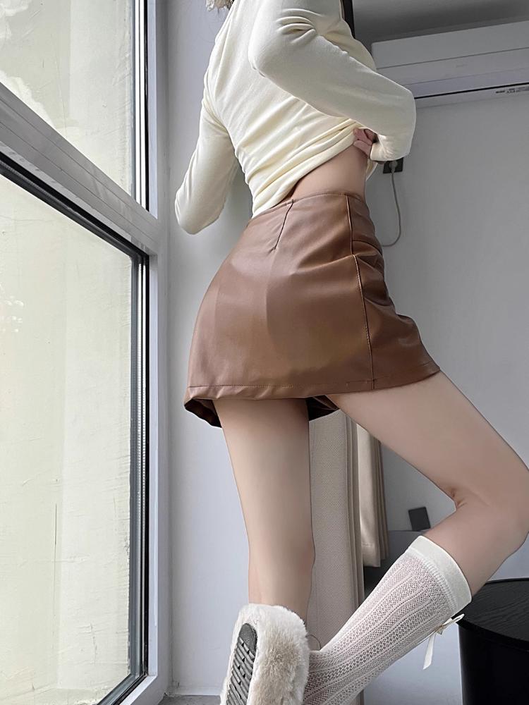 Elegantní korejská módní minisukně z umělé kůže, černé PU sukně pro ženy s vysokým pasem, sukně na zip s kraťasy