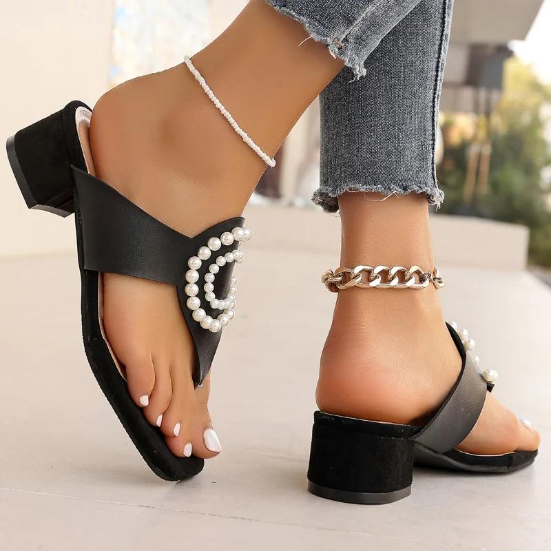 Fashion Hot Sale Square Toe Flip Flops Fashion Mules Shoes Women Slippers Velvet Ladies Low Heel Pearl Flower Decoration Women's Sandals