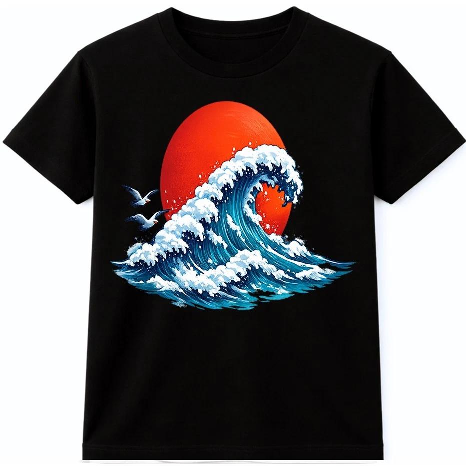 Japanese Wave T-Shirt Rising Sun Graphic Ocean Art Inspired Streetwear Tee XXXL