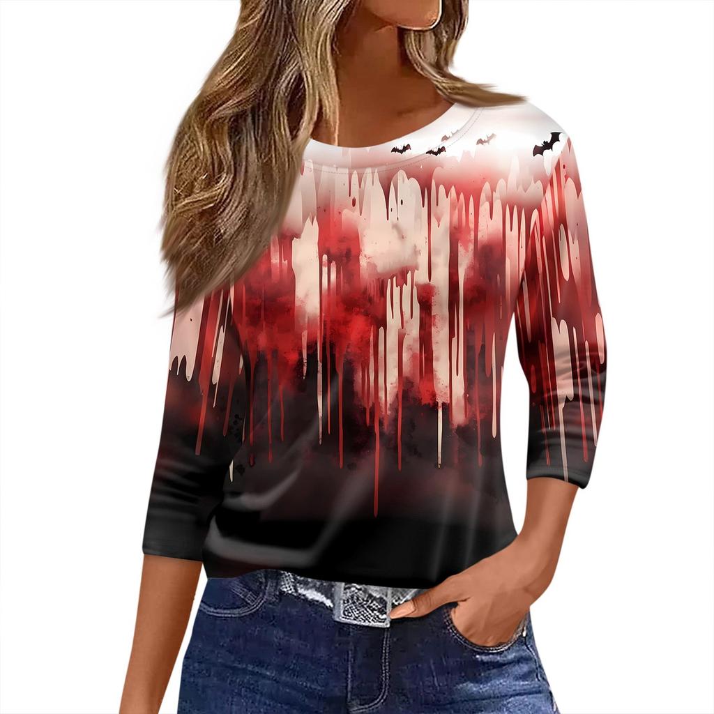 Women's T Shirt Halloween Print 3/4 Sleeve Daily Fashion Basic Round Neck Regular Top