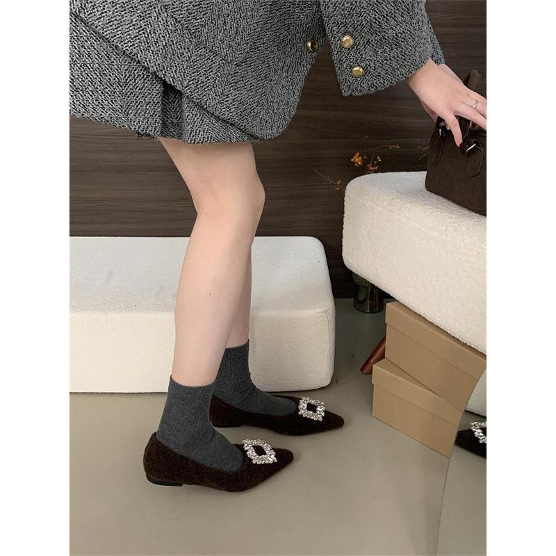 French Xiaoxiangfeng single shoes 2025 new rhinestone square buckle flats evening shoes velvet low heels