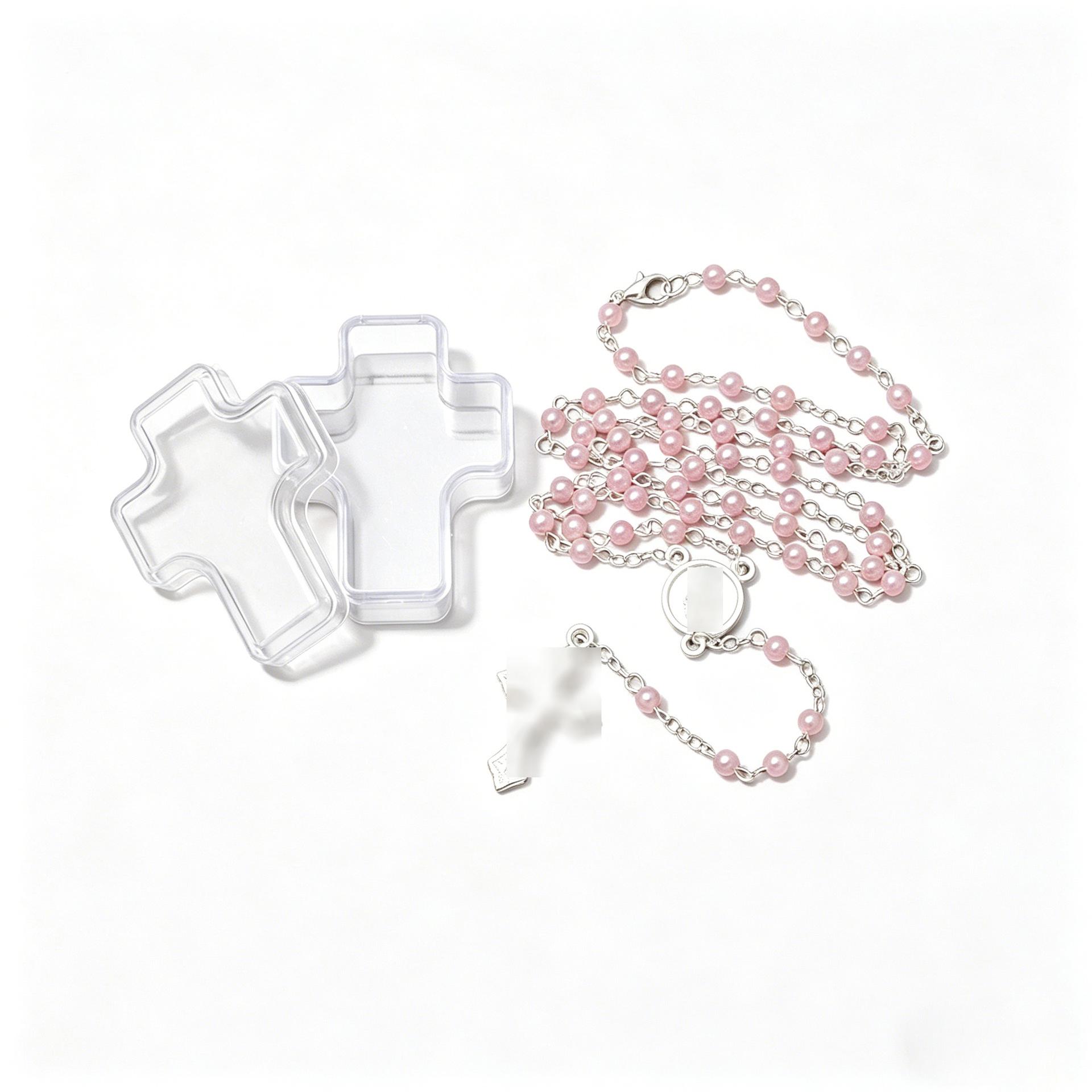 Imitation Pearl Prayer Beads Necklace with Cross Pendant and Holy Card in Box (59 Beads, 4MM) розовый