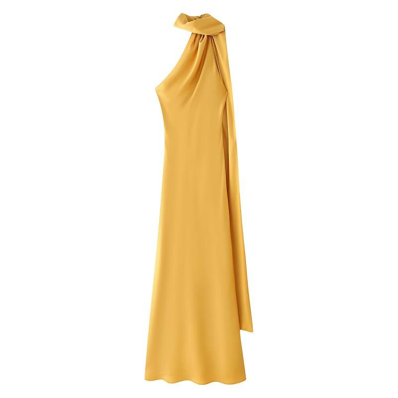 Elegant Off-Shoulder Backless Wrap Tie Neckline Maxi Dress Women 2025 Slim Fit High Waist TR Fabric