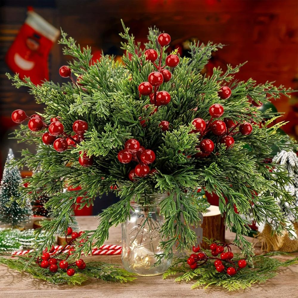 Christmas Ornaments Artificial Norfolk Pine Branches with Red Berry Fake Flowers for DIY Xmas Garland Trees Table Decor