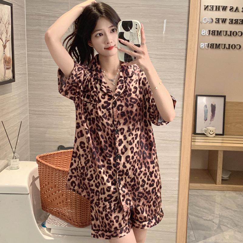 Japanese Leopard Print Ice Silk Pajamas Summer Sweet Girl Short Sleeves Can Be Worn Outside Loungewear Casual Suit