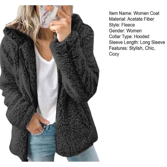 Fleece Coat for Women Oversized Zip Up Hooded Jacket Fuzzy Open Front Hoodie Fall Winter Thermal Outwear