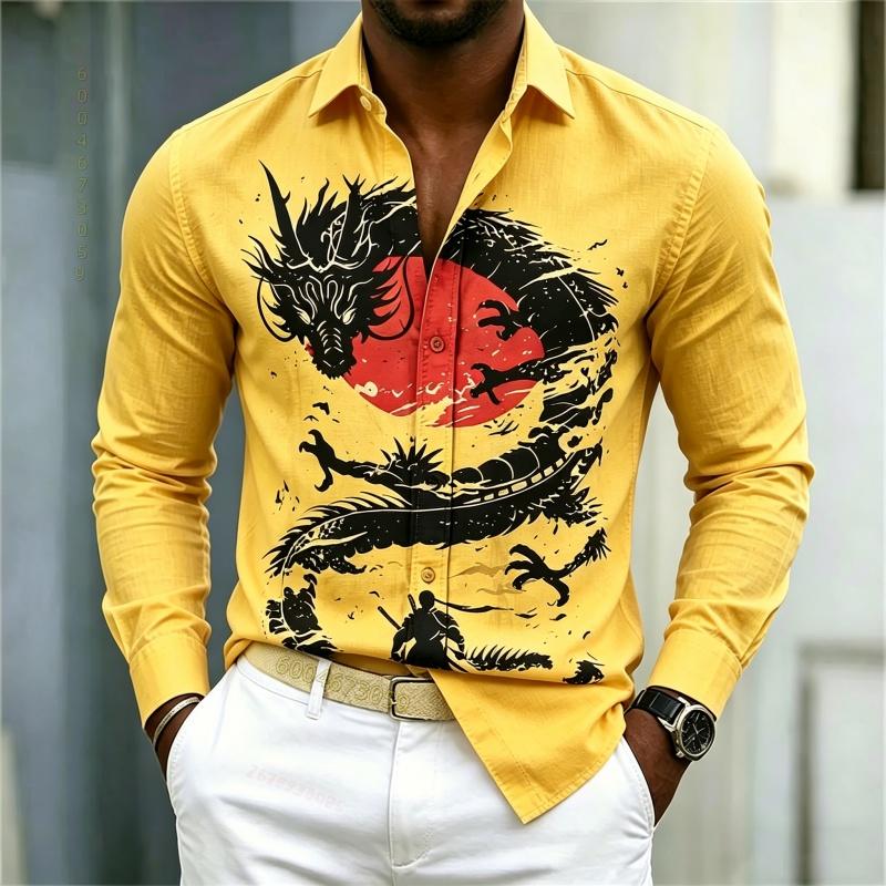 2026 New Men's Shirt White Black Red Contrast Dragon Pattern Shirt Street Style Fashion Casual Business Long Sleeve Men's Wear