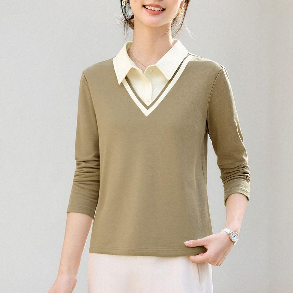 Women's Straight Shoulder Long-Sleeve T-Shirt, New 2026 Stylish Lapel Top for Spring & Autumn. Versatile Base Layer or Outerwear.