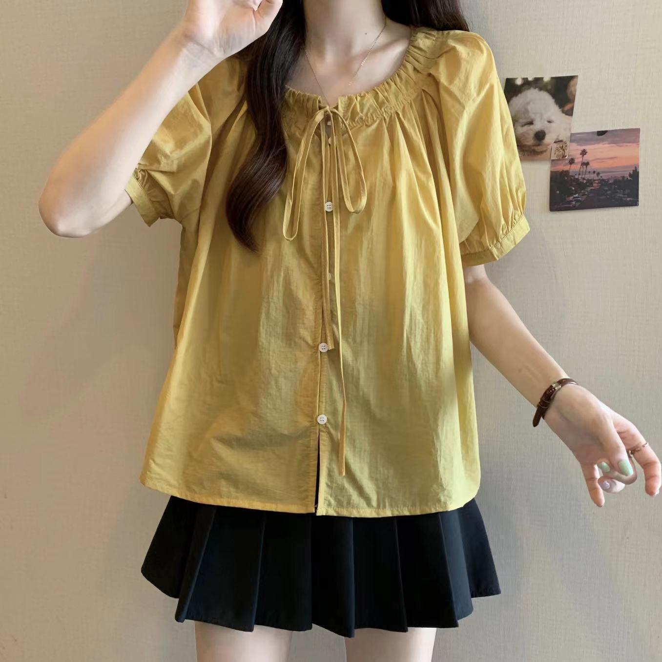

Lace-Up Drawstring Solid Color Short-Sleeve Women s Summer Slimming Fashion Top (Plus Size Available) M (Suitable for 80-100 jin) жовтий/імбирний