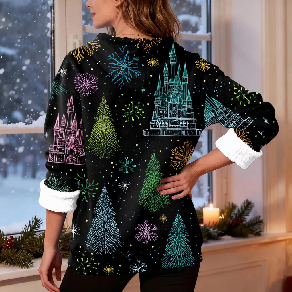 Dame Casual Mote Pluss Fløyel Fortykket Juleprint Hettegenser