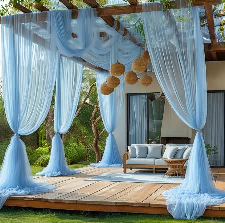 Tüllstoff Himmelblau Transparent Tischläufer Stuhl Schleifen Hintergrund Vorhänge für Babyparty Geburtstag Hochzeit für Party Fotos Dekoration