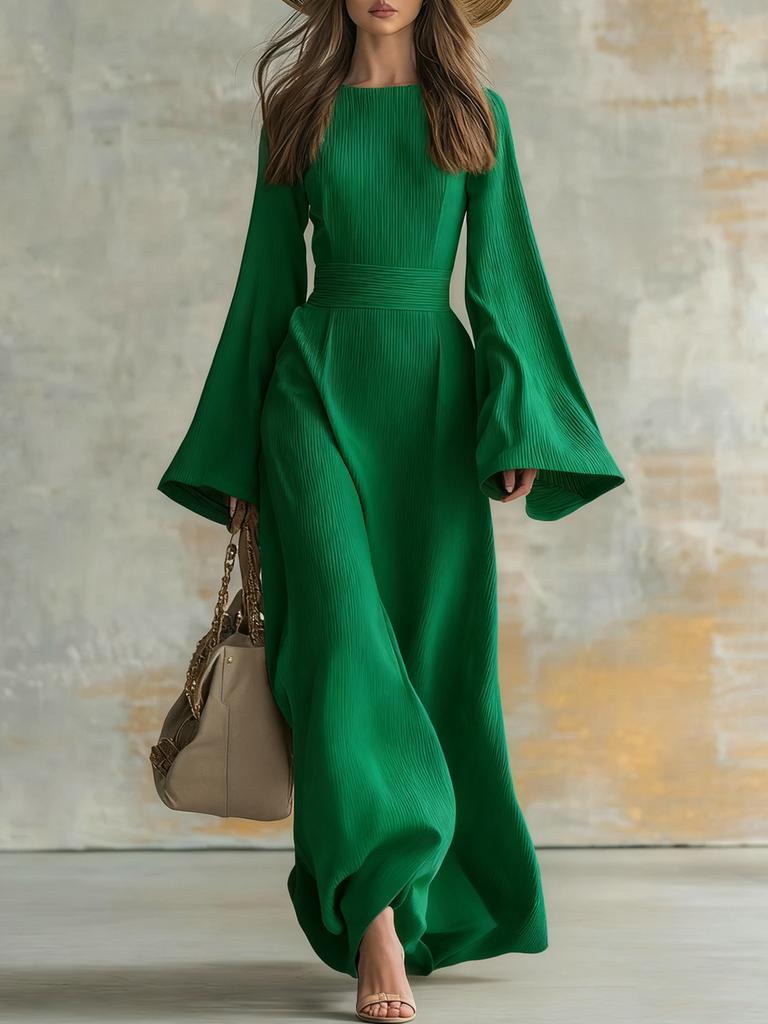 Bohemian Denim Style Slim Fit Bell Sleeve Casual Dress