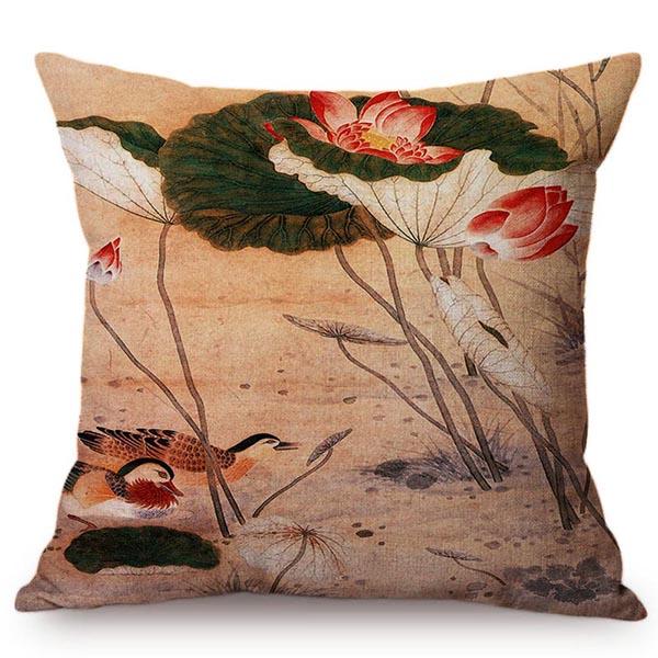 Chinese Style Vintage Ink Painting Lotus Pattern Throw Pillow Cover Classical Luxury Cushion Cover Sofa Decoration Pillowcase