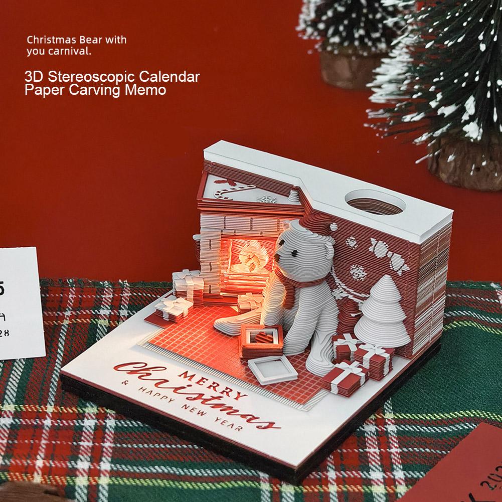 Christmas Cute Bear Mini 3D Note Pad Calendar Desktop Decor 3D Memo Block Paper Notes Novel Gift for Office Home Desk Decoration