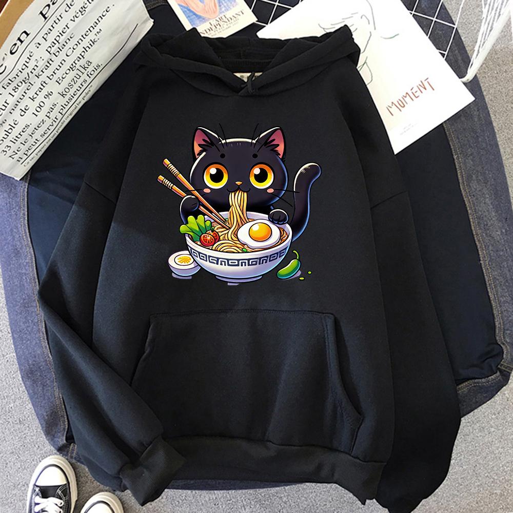 Cat Ramen Hoodie Women Harajuku Funny Cute Graphic Noodle Hoodies Unisex Japanese Anime Aesthetic Noodle Pullovers Sweatshirts