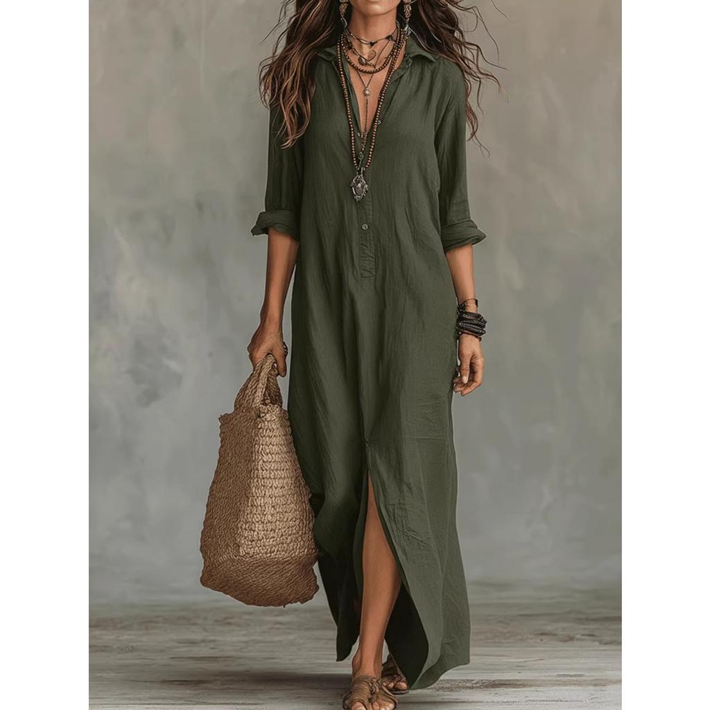 Abito Lungo Casual a Manica Corta con Scollo a V e Spacco, tinta unita, per Donna, Primavera Estate