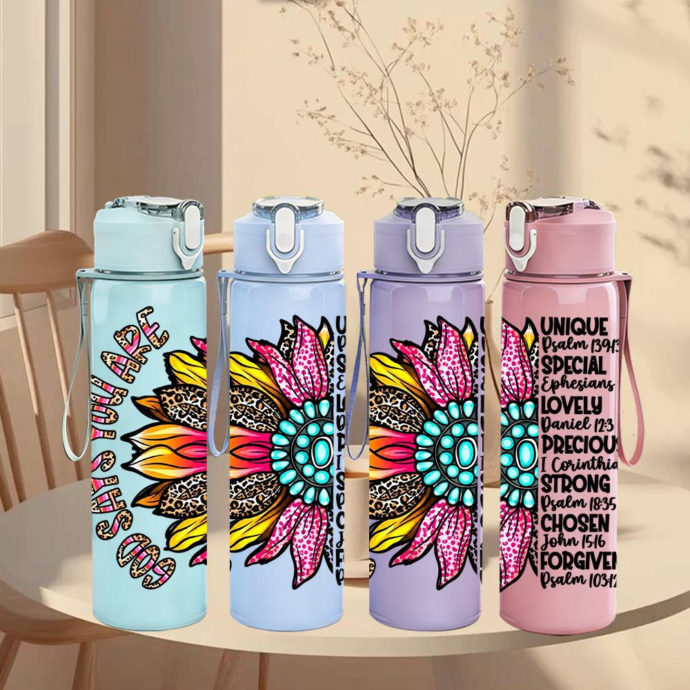 1PC Mandala Sunflower Text Art 750ml Color Plastic Sports Water Bottle Leakproof Flip Straw Lid Suitable for Sports Office Home Use