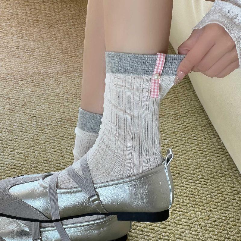

Summer Lightweight Children s Matching Color Mid-calf Socks with Bows, Sheer Cotton Socks with Holes 1 pair белый