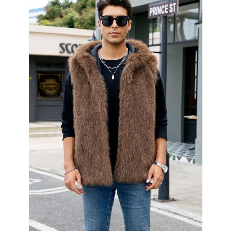 Herrväst med huva i randigt fuskpäls Varm Ärmlös Casual Väst