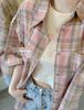 Women's Summer Pink Plaid Polo Collar Short Sleeve Shirt Jacket - Japanese Retro Style
