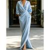 European and American new elegant solid color V-neck long-sleeved split waist pocket long dress