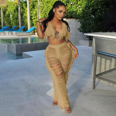 2 Teile/satz Frauen Crop Top Hosen Set Quaste Aushöhlen Schnürung Neckholder Strand Urlaub BH Hohe Taille Zerrissene Gestrickte Aushöhlen Hose