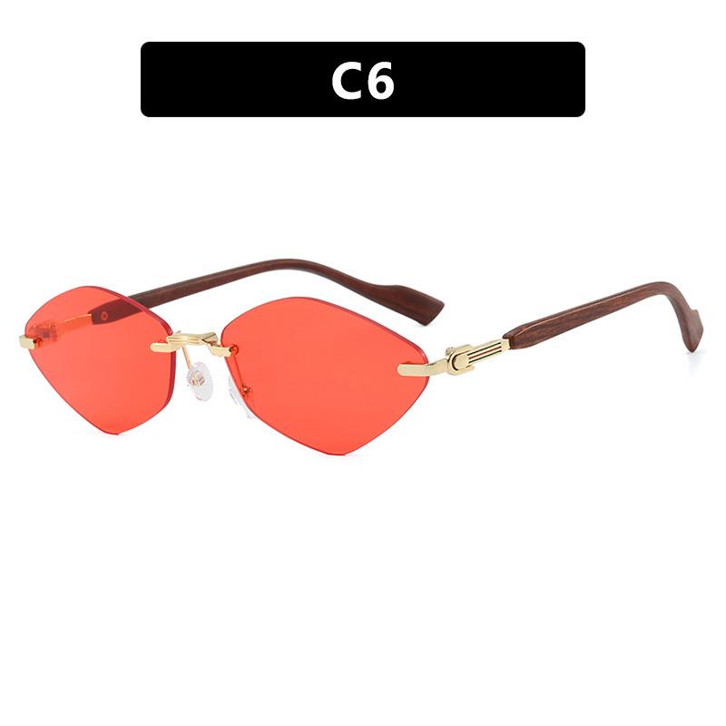 European and American rhombus frameless trimmed sunglasses metal sunglasses wood grain fashion sunscreen UV protection sunglasses women
