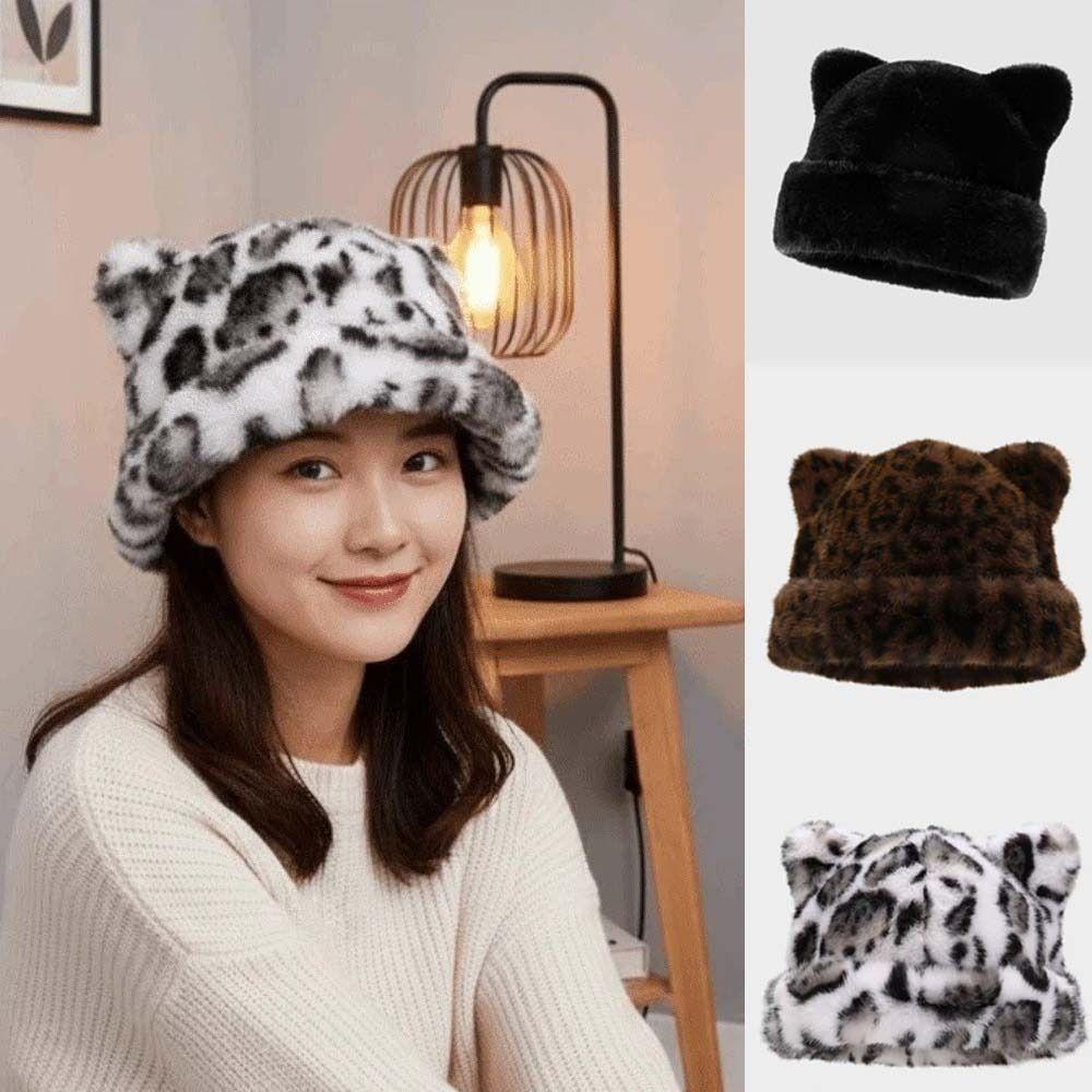 Soft Plush Bear Hat Imitation Mink Fur Pullover Cap Personality Leopard Ear Beanie  Girls
