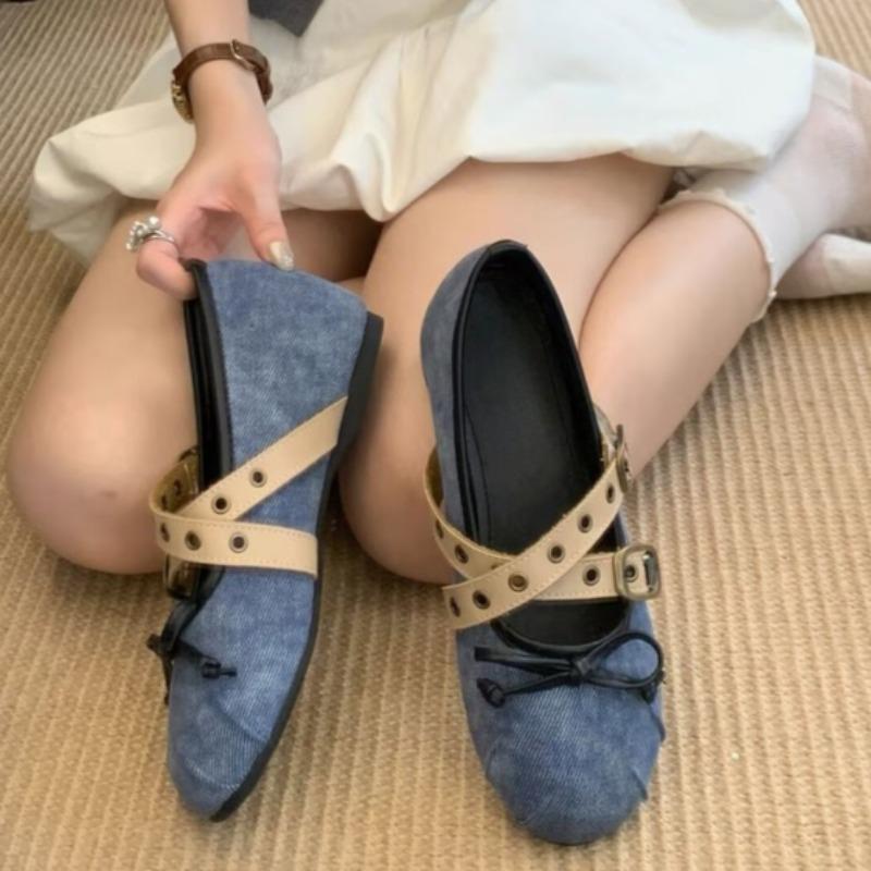 Inside Heightened Single Shoes Women's Round Toe Light Mouth Colorblock Rivet Metal Buckle Soft Sole Flat Shoes