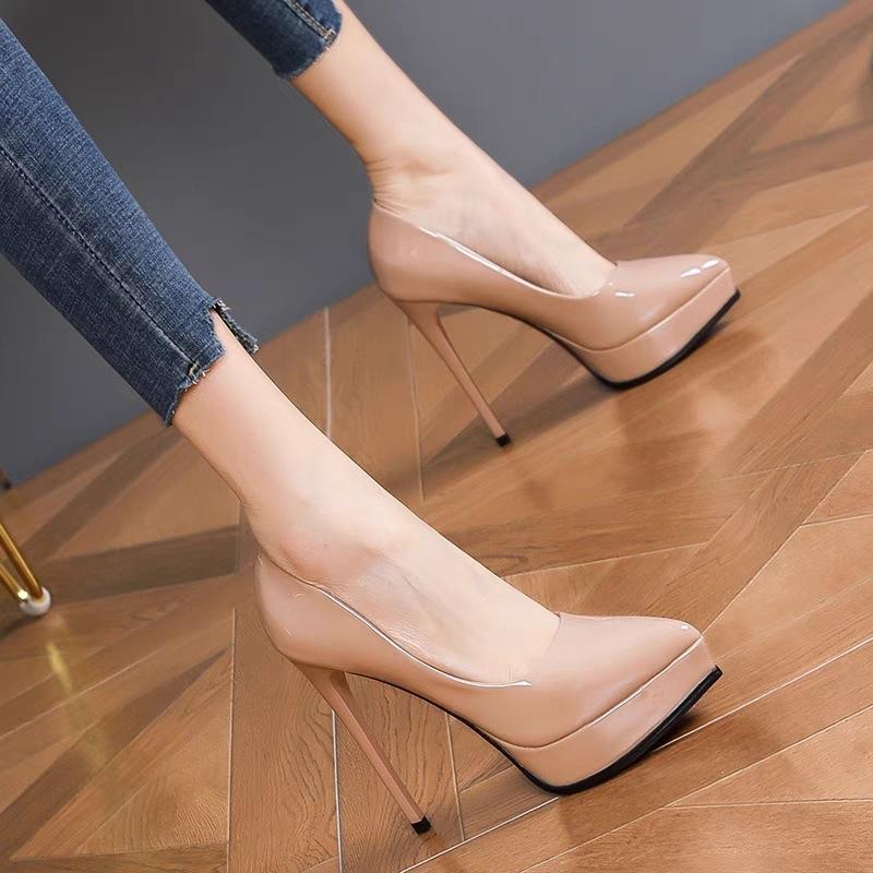 Wasserdichte Tisch High Heels weiblich sexy nude 12cm dünner Absatz Temperament vielseitig High Heel spitz Damen leichter Mund einzelne Schuhe