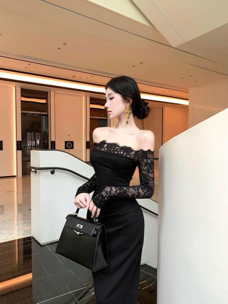 French Retro One-Shoulder Lace Long Sleeve Elegant Black Bodycon Dress