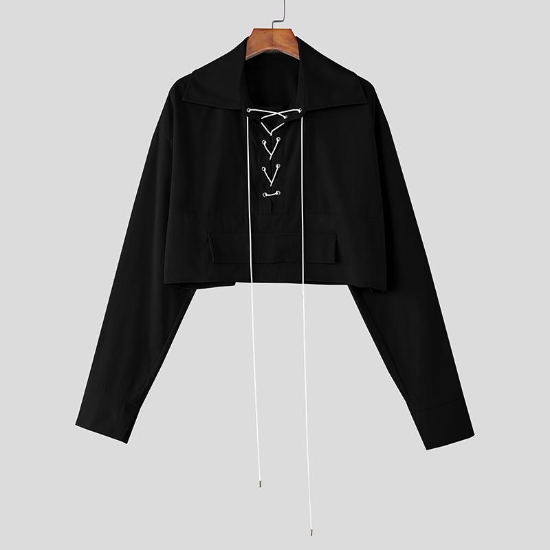INCERUN Oversized Men Lapel Neck Long Sleeve Bandage Casual Loose Cropped Shirts