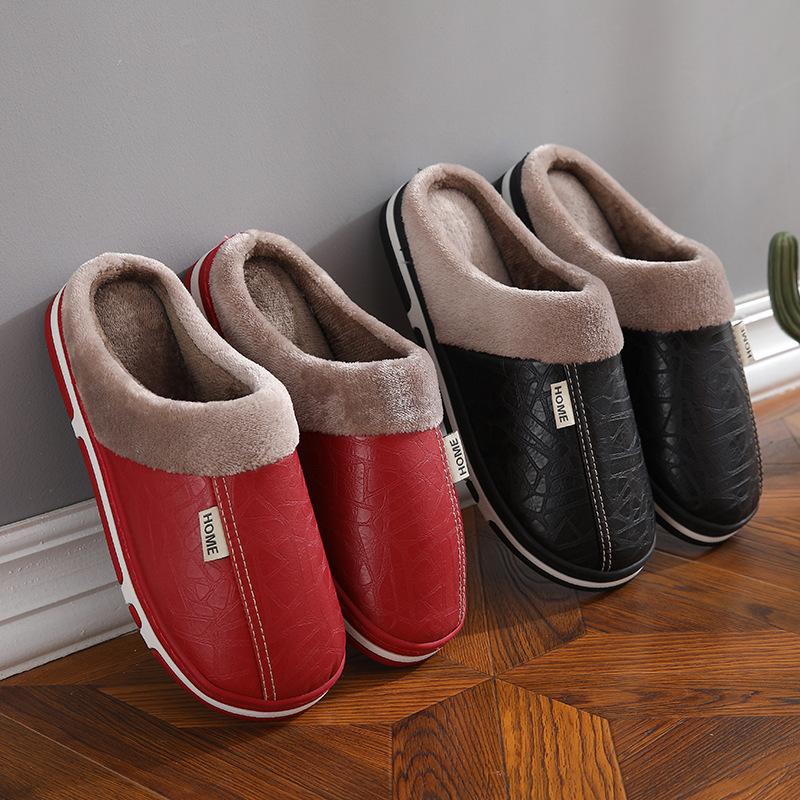 Cotton slippers winter waterproof solid color simple slippers PU Baotou couple simple wool wood floor home