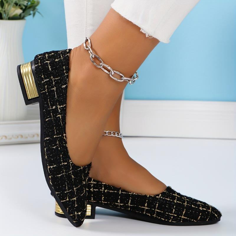 Damskie płaskie buty w kratę z tweedu na miękkiej podeszwie, Lekkie buty na słupku, Eleganckie buty do sukienki z czubkiem