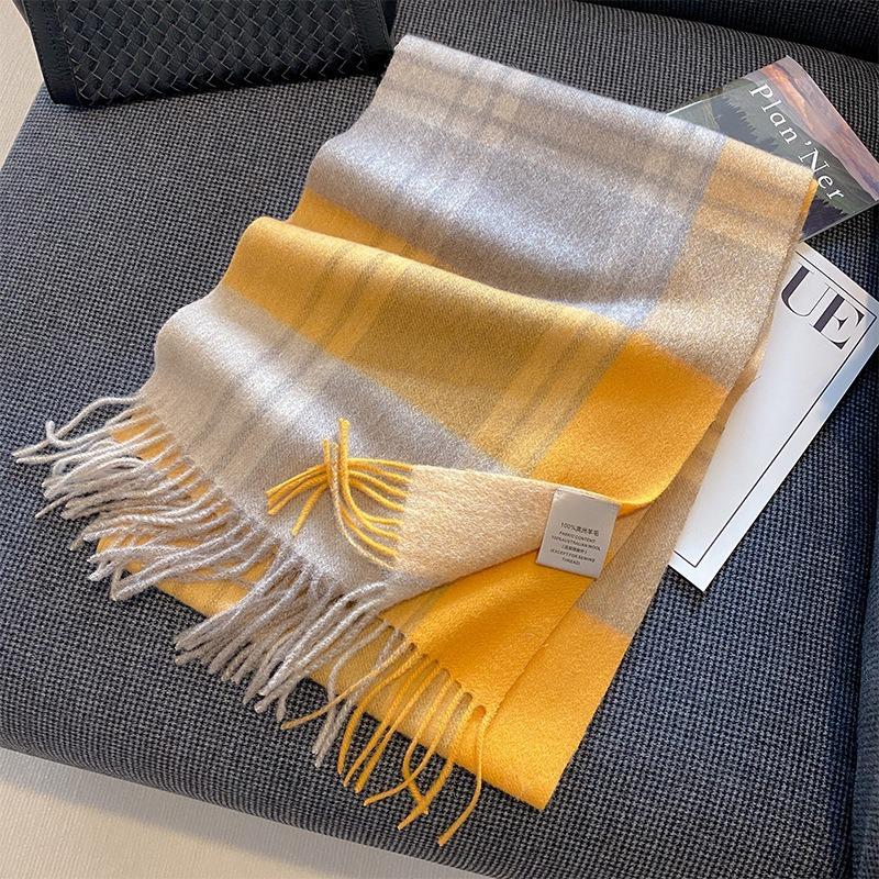New Wool Warm Scarf for Women in Color Blocked Plaid Scarf Long Tassel Scarf Thickened and Warm