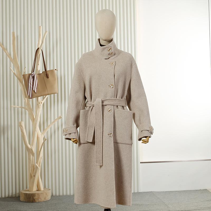 Stand-up collar metal buckle long wool double-sided coat coat thin women's wool coat commuter coat wool