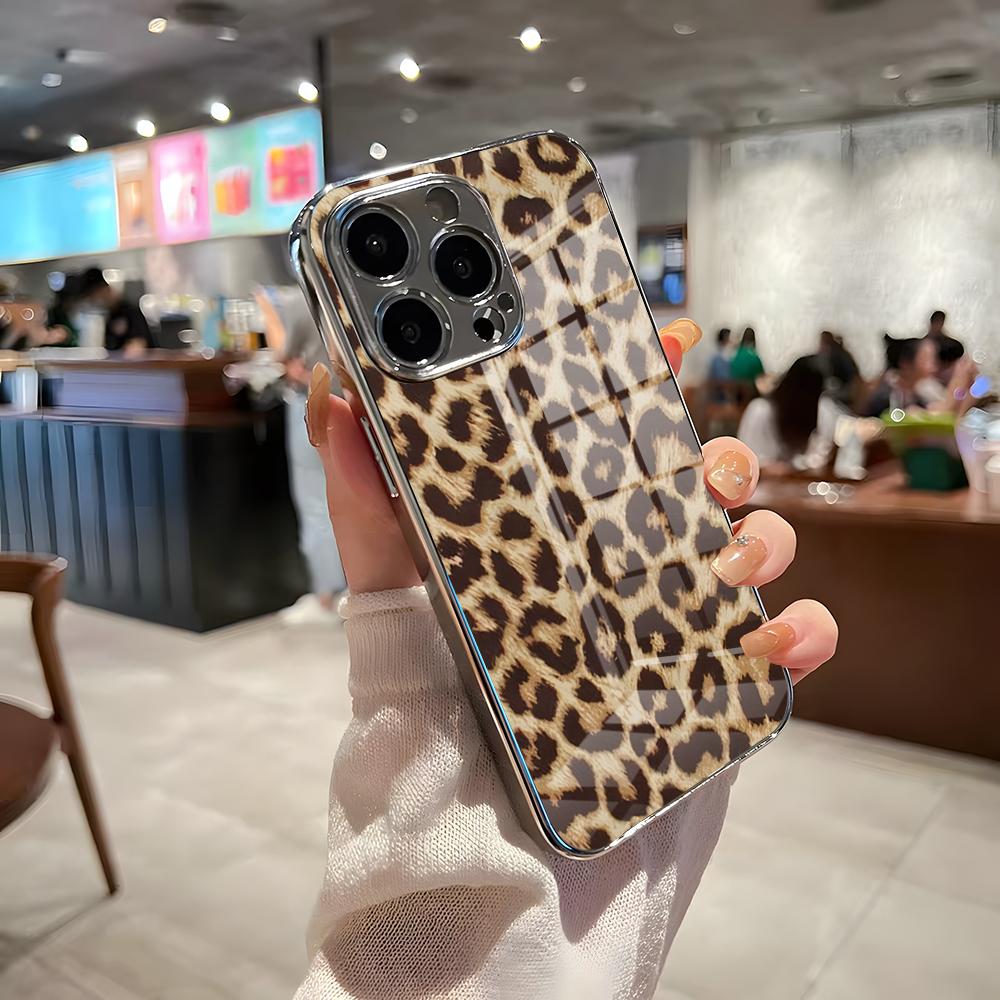 Luxurious Leopard Print Phone Case For IPhone 17 Pro Max 15 Pro 16 14 Plus 12 13 Mini 11 Pro Shockproof Electroplated Glass Cov