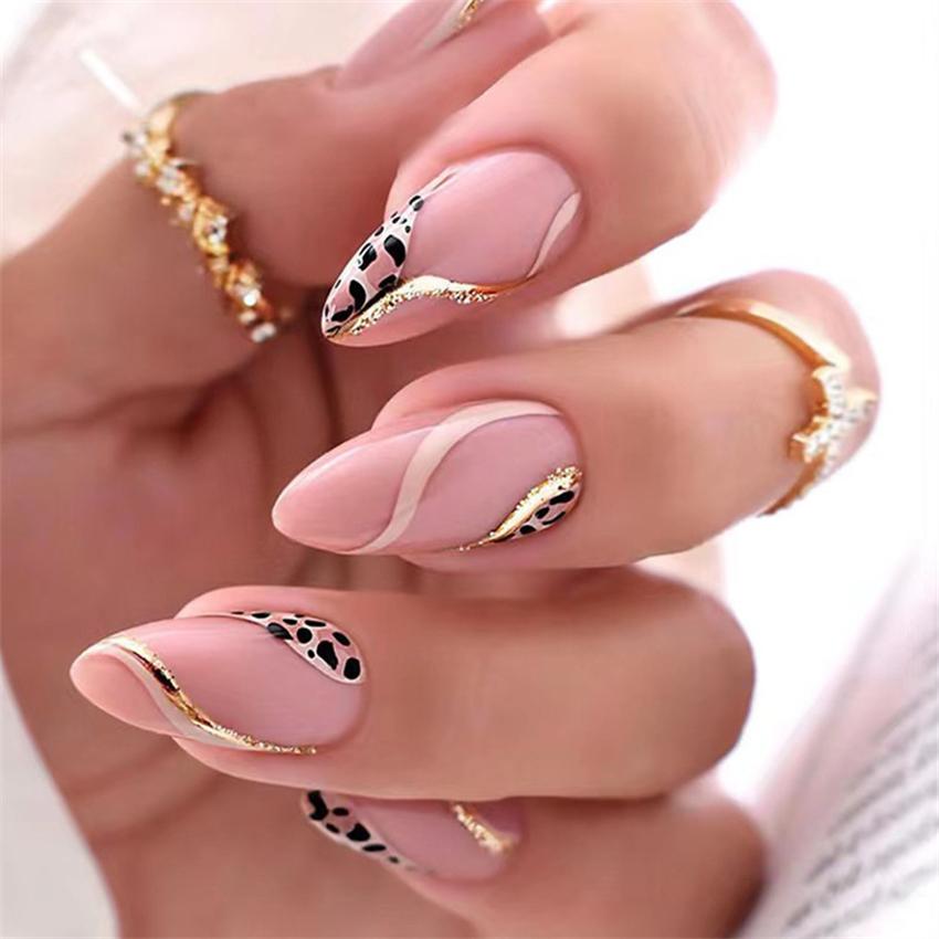 24Pcs Pink Matte French Leopard Square Coffin Press On Nails Artificial Acrylic Fake Nails For Women