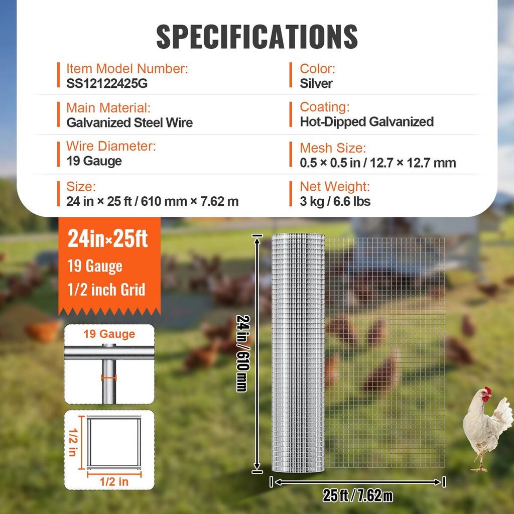 Hardware Cloth, 1/2 inch 24in x 25 ft 19 Gauge, Hot Dipped Galvanized Wire Mesh Roll, Chicken Wire Fencing, Wire Mesh for Rabbit Cages, Garden, Small