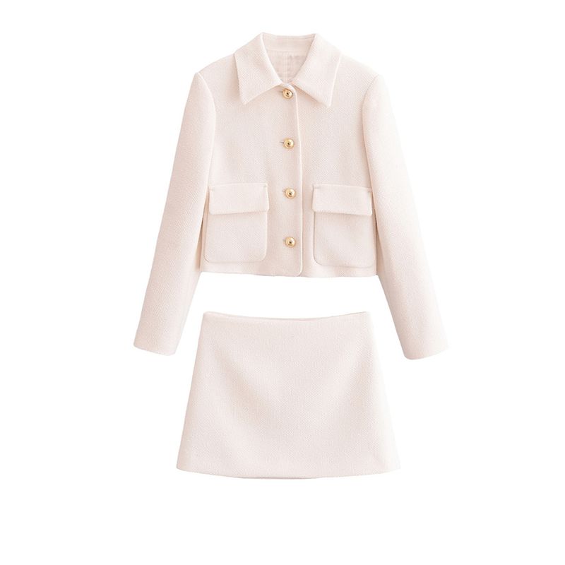 Kaslead New Arrival Women's Clothing Fashion Style Fashion Polo Collar Long Sleeves Short Tweed Outwear Skirt Suit