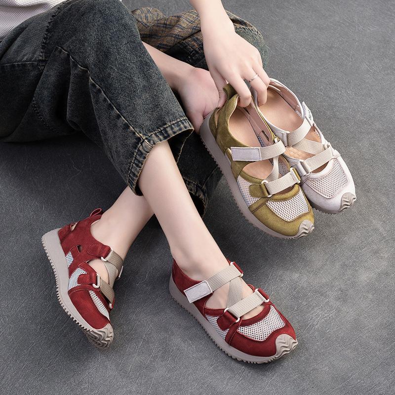 

summer new color matching sports style casual single shoes Velcro breathable mesh leather women s shoes 35 зелёный