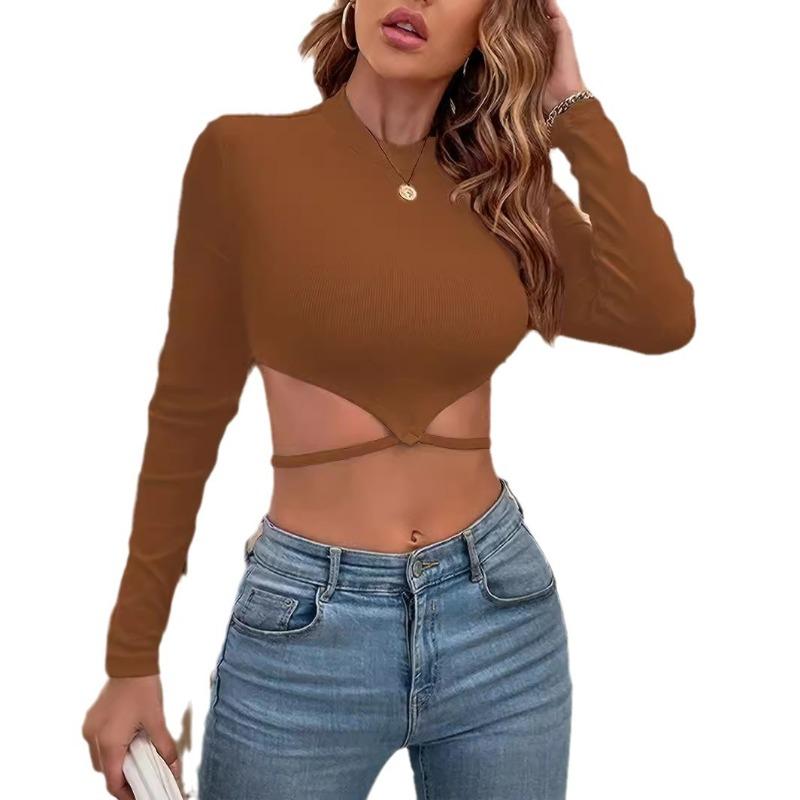 

Женские пуловеры, приталенный крой, ультракороткий вязаный топ с высоким воротником и длинными рукавами S коричневый