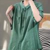 Solid Color Five Quarter Sleeved Shirt for Women's Summer Vintage Artistic Single Breasted Fashionable Loose Top