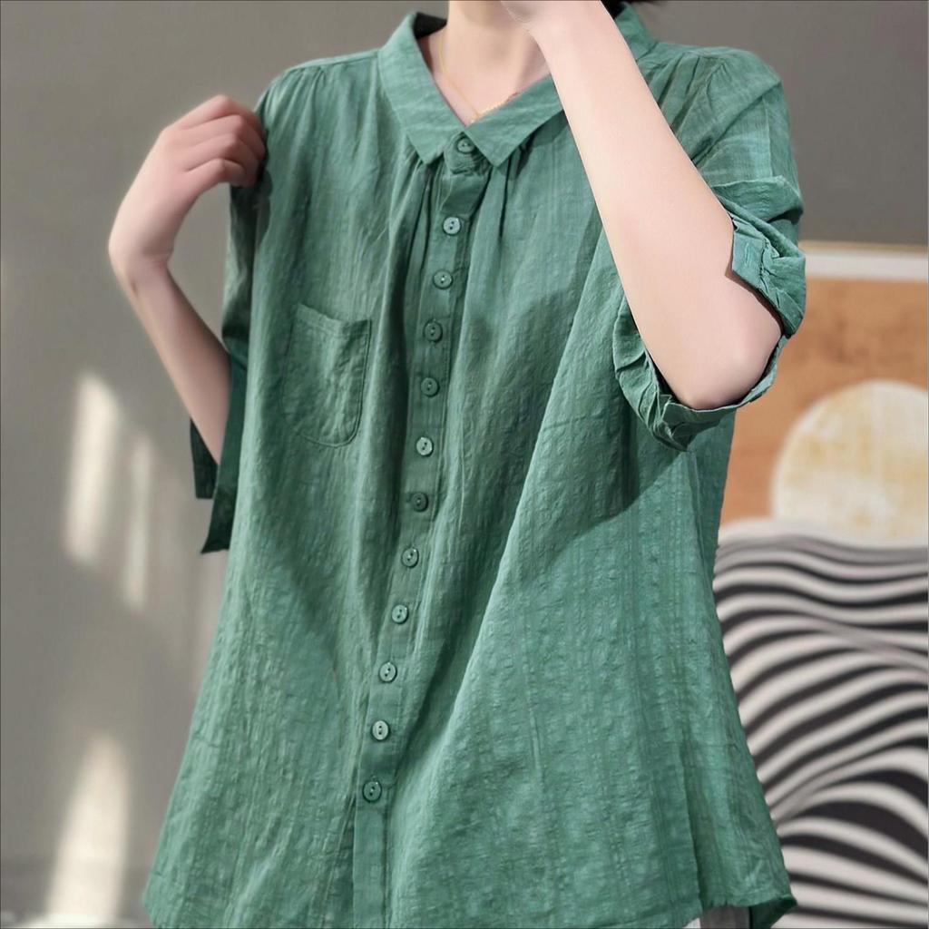 Solid Color Five Quarter Sleeved Shirt for Women's Summer Vintage Artistic Single Breasted Fashionable Loose Top