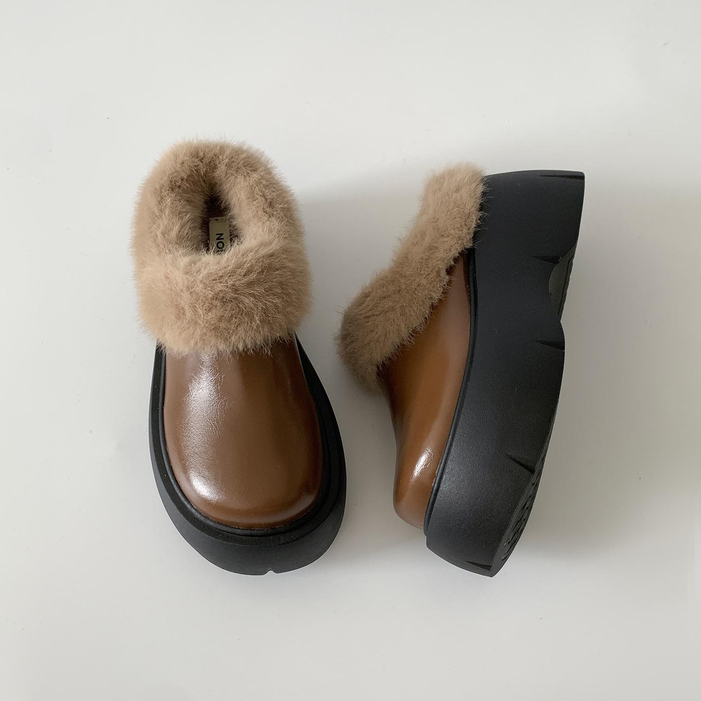 

Winter Women s Fur Loafers Slippers Retro Chunky Platform Slip on Brown Cotton Shoes Retro Heightening Velvet Mules Half Slipper 35 коричневий